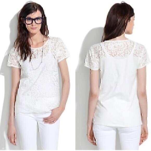 MADEWELL Lace Blossom Tee White Floral Lace Front Solid Black Short Sleeve XS - Picture 1 of 12